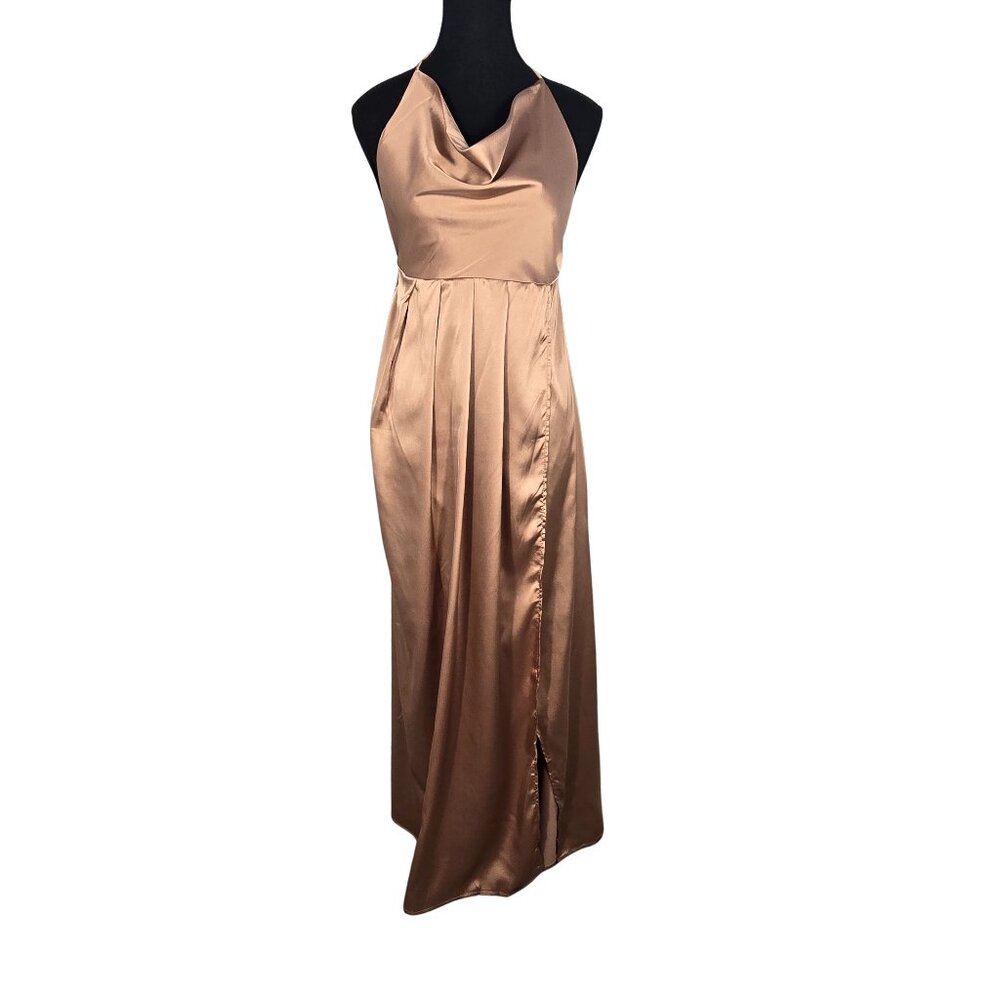 NWT | YIMEILI Champagne Satin Halter Maxi Dress | Cowl Neck | XL